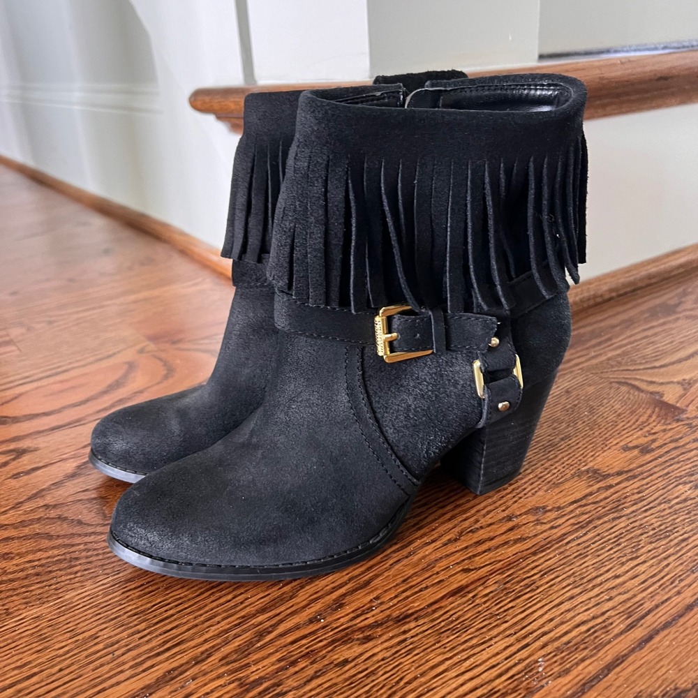 LRL Ralph Lauren Mara Black Suede Fringe Ankle Boots Gold Buckle 7.5B 11739 G14 - Picture 13 of 15